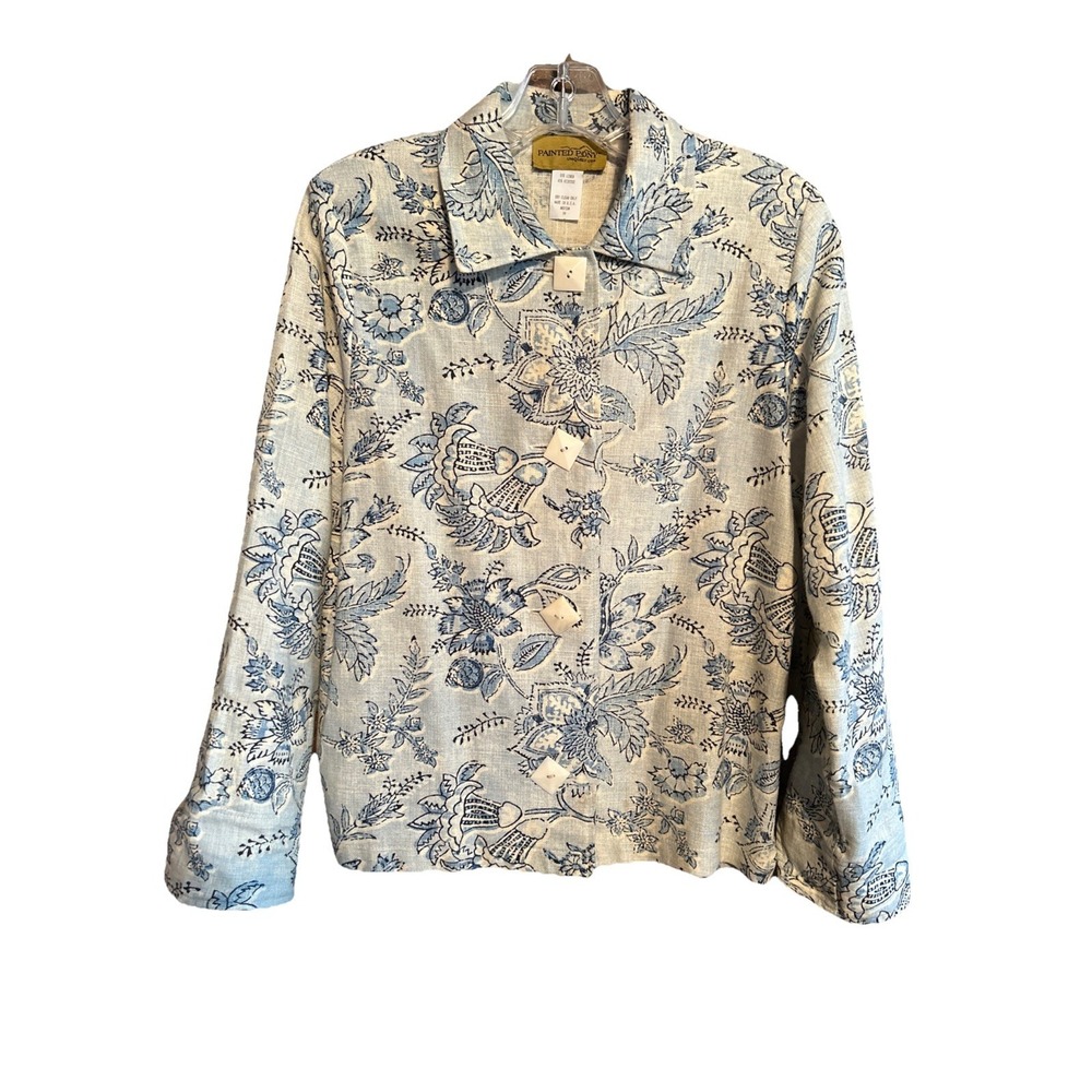 Painted Pony Jacket Top Women's Blue Linen Floral Button Front USA Medium Petite